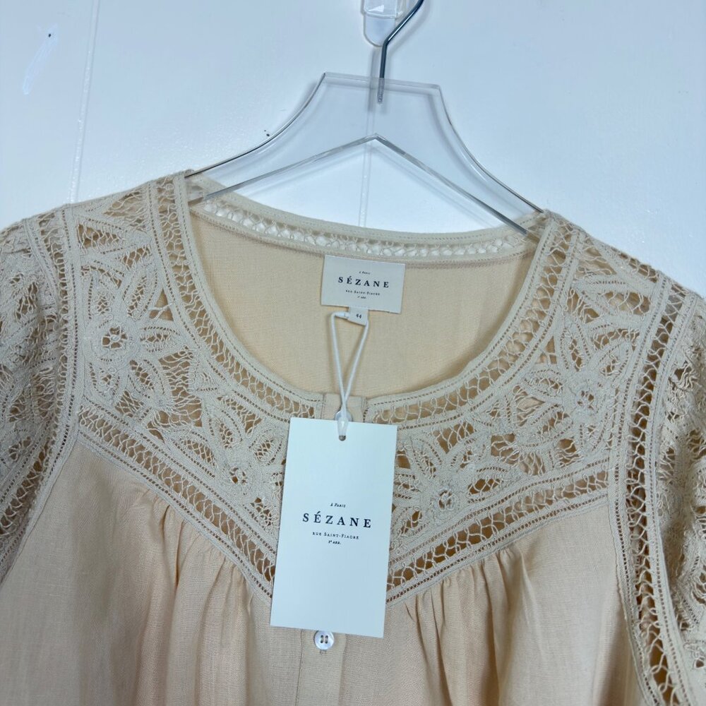 NWT Sézane Donia Blouse Beige Linen/Cotton Blend Lace Long Sleeve T44/UK16/US - Picture 2 of 16